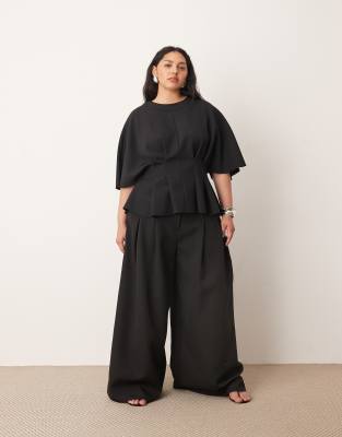Arrange Curve Pleat Waist Short Sleeve Top In Black