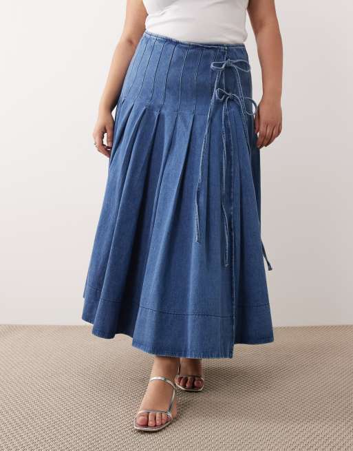 ARRANGE Curve pleated denim midi skirt with tie detail in blue, 2 of 5
