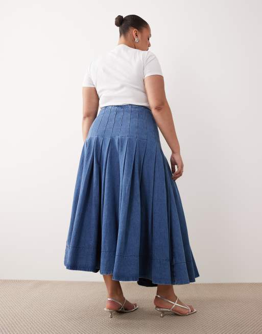 ARRANGE Curve pleated denim midi skirt with tie detail in blue, 5 of 5