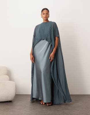 ARRANGE ARRANGE Curve pleated hybrid maxi cape dress in petrol blue-Navy