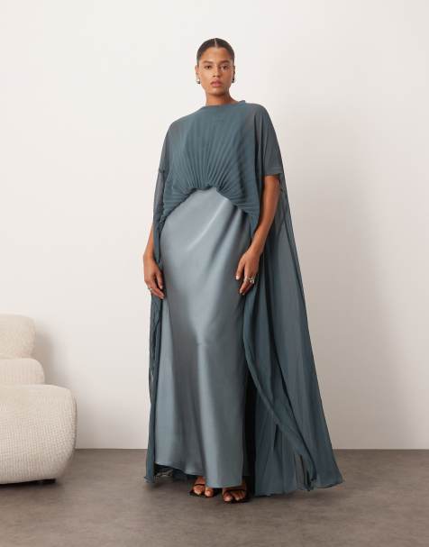 ARRANGE Curve pleated hybrid maxi cape dress in petrol blue - view 1