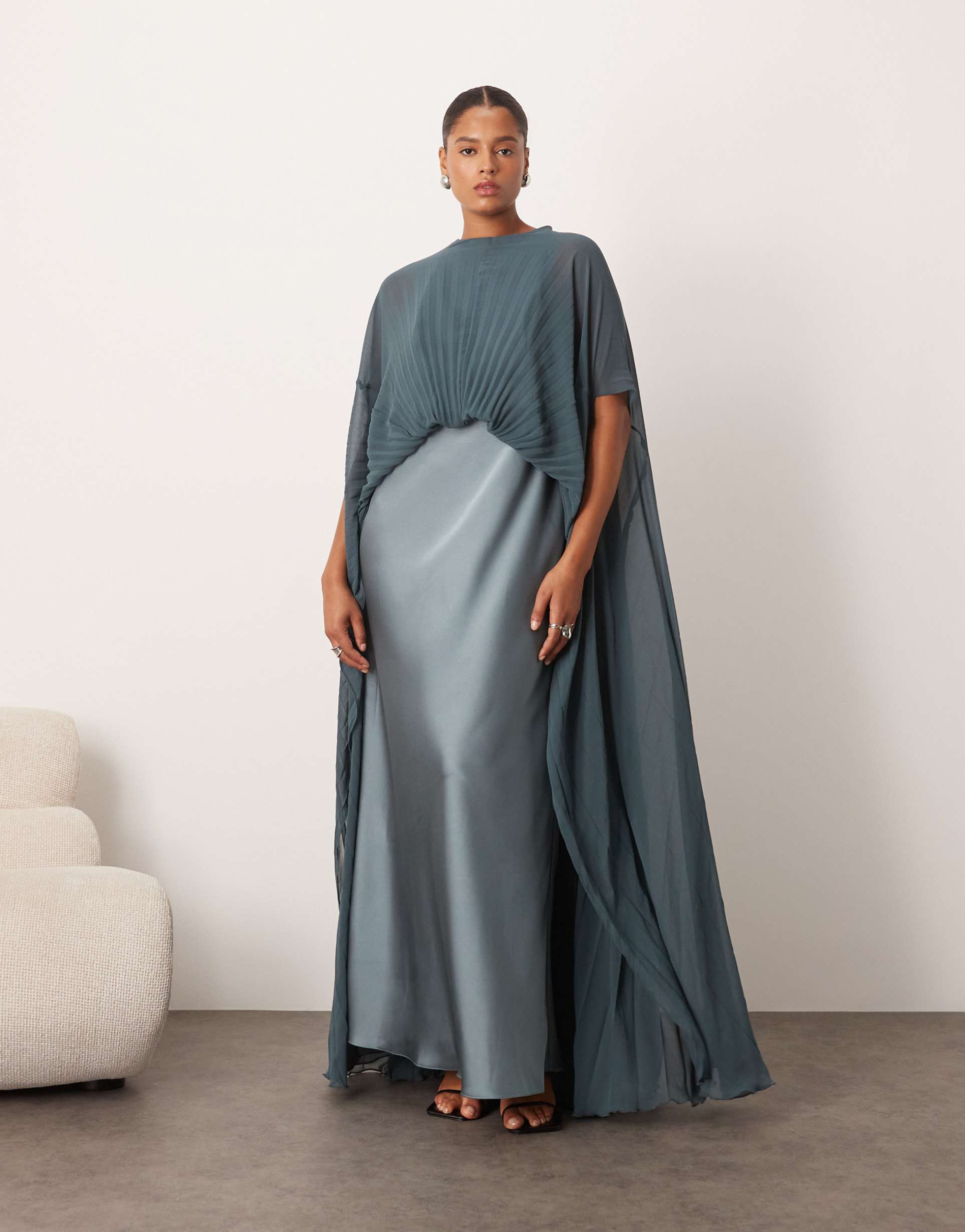 arrange curve pleated hybrid maxi cape dress in petrol blue