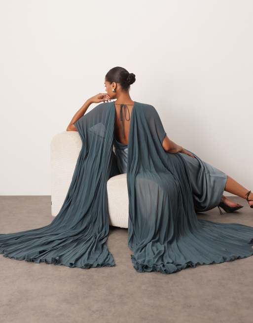 ARRANGE Curve pleated hybrid maxi cape dress in petrol blue