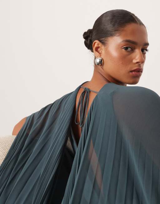 ARRANGE Curve pleated hybrid maxi cape dress in petrol blue