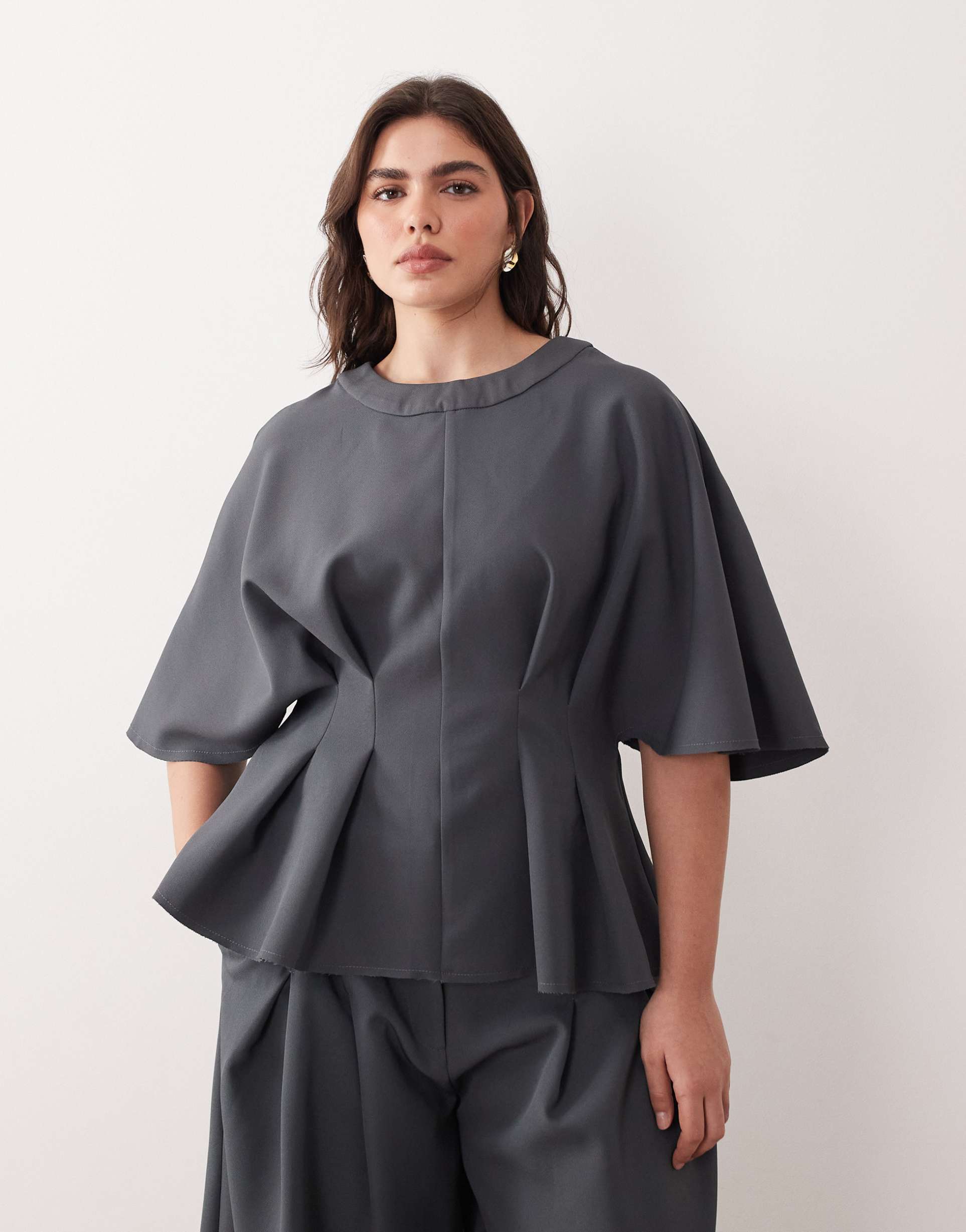 arrange curve pleated waist short sleeve top in charcoal - part of a set