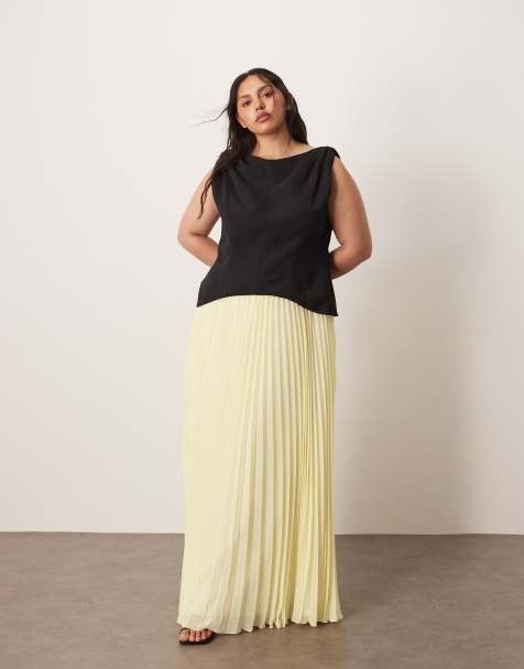 ARRANGE Curve twist shoulder pleat skirt hybrid maxi dress in contrast black and buttermilk