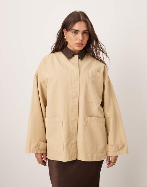 ARRANGE Curve canvas oversized barn shacket with cord collar in camel