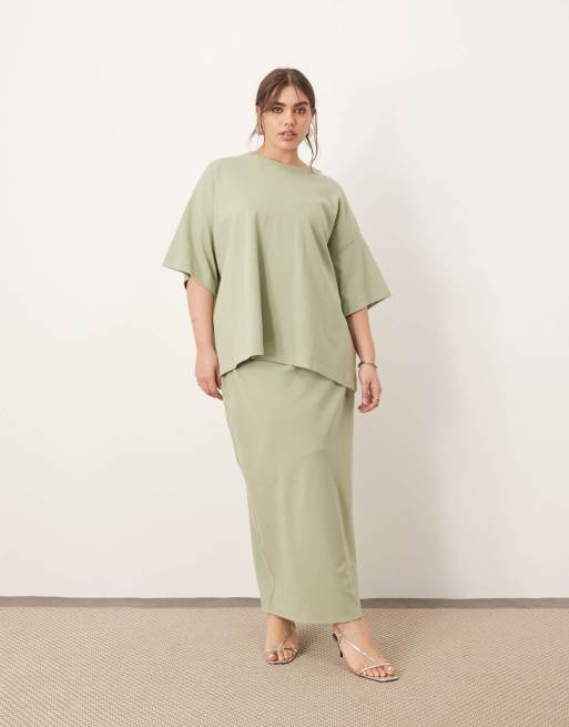 ARRANGE Curve Premium – Gruba fakturowana dżersejowa kolumnowa spódnica maxi w pistacjowym kolorze, część zestawu