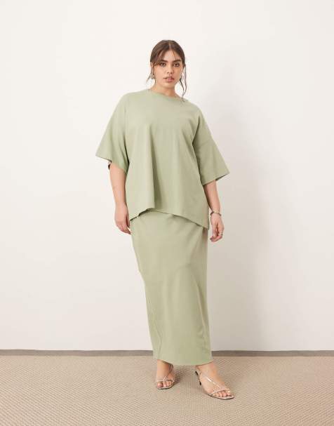 ARRANGE Curve premium heavy weight textured jersey column maxi skirt co-ord in pistachio - view 1