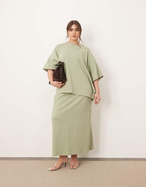 ARRANGE Curve premium heavy weight textured jersey shirt and column maxi skirt set in washed sage - view 1