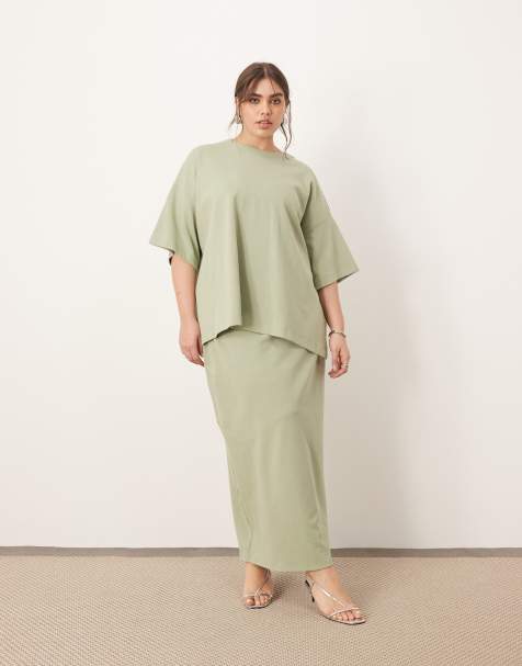 ARRANGE Curve premium heavy weight textured jersey shirt and column maxi skirt set in washed sage - view 1