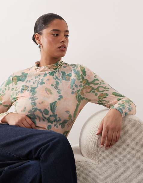 ARRANGE Curve premium mesh abstract floral  printed high neck long sleeve top in pink - view 1