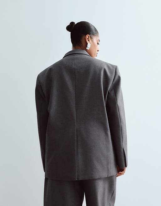 ARRANGE Curve Premium Oversize-Wollblazer mit kontrastierendem Streifenfutter in Grau, 3 von 4