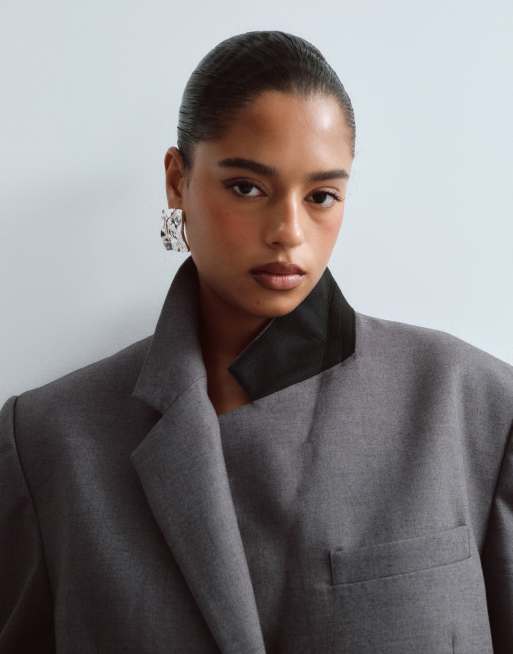 ARRANGE Curve Premium Oversize-Wollblazer mit kontrastierendem Streifenfutter in Grau, 4 von 4