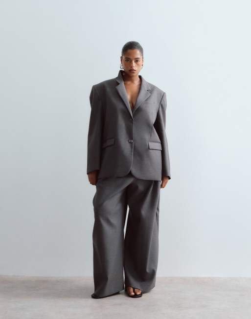 ARRANGE Curve premium oversized blazer i uld med kontraststribet for i grå, 2 af 4