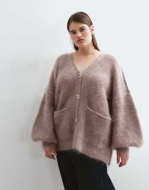 ARRANGE Curve premium oversized mohair rich cardigan in taupe - view 1