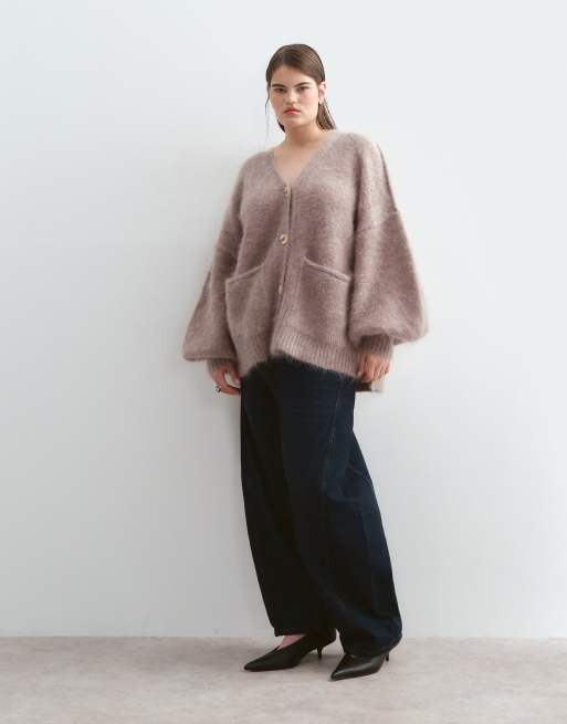 ARRANGE Curve premium oversized mohair rich cardigan in taupe, 2 of 5