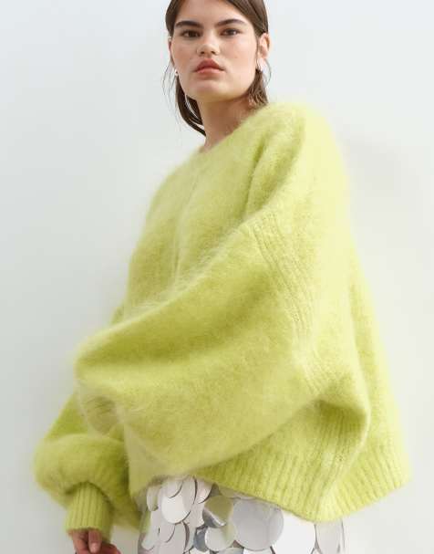 ARRANGE Curve premium oversized round neck mohair jumper in lime - view 1