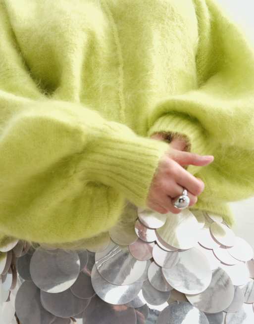 ARRANGE Curve premium oversized round neck mohair jumper in lime, 3 of 5