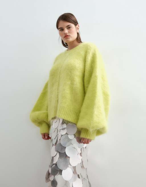 ARRANGE Curve premium oversized round neck mohair jumper in lime, 5 of 5