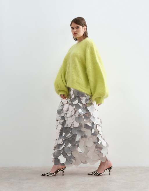 ARRANGE Curve premium oversized round neck mohair sweater in lime, 2 of 5