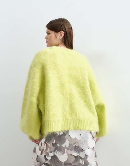 ARRANGE Curve premium oversized round neck mohair sweater in lime, 4 of 5