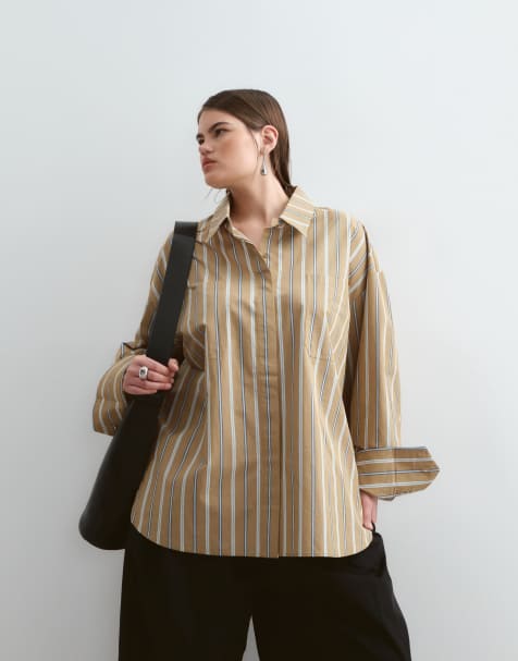 ARRANGE Curve premium oversized shirt in stone stripe - view 1