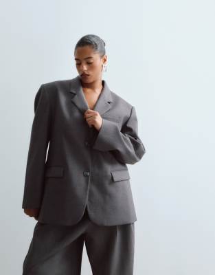 Arrange Curve Premium Oversized Wool Blazer With Contrast Stripe Lining In Grey