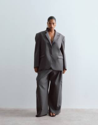 Arrange Curve Premium Oversized Wool Blazer With Contrast Stripe Lining In Grey