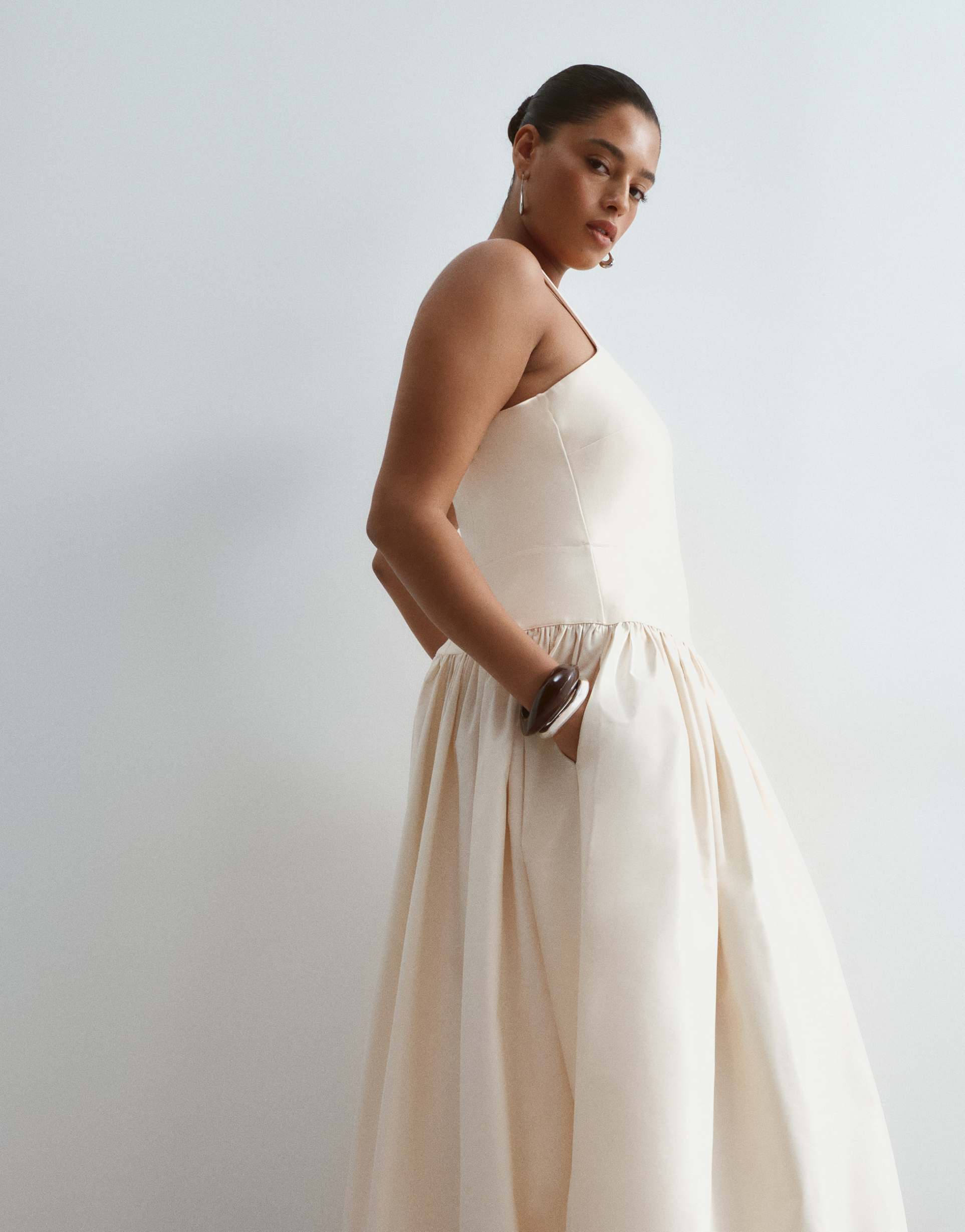 arrange curve premium waisted dress with puffball hem in ecru