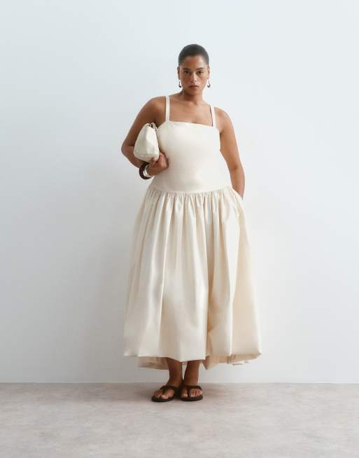 ARRANGE Curve premium waisted dress with puffball hem in ecru, 2 of 4