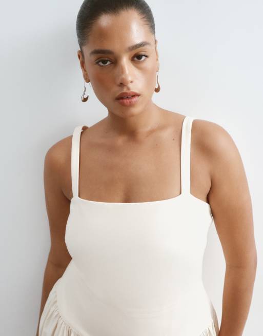 ARRANGE Curve premium waisted dress with puffball hem in ecru, 3 of 4