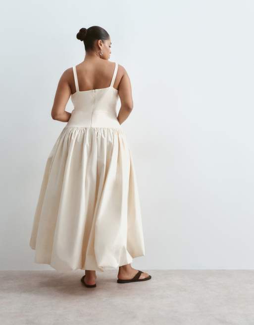 ARRANGE Curve premium waisted dress with puffball hem in ecru, 4 of 4
