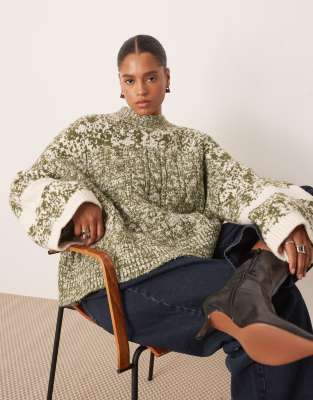 ARRANGE Curve - Pullover aus Grobstrickmix in Grün und Creme-Bunt