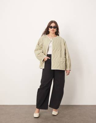 Curve quilted oversized jacket with contrast trim in sage-Green