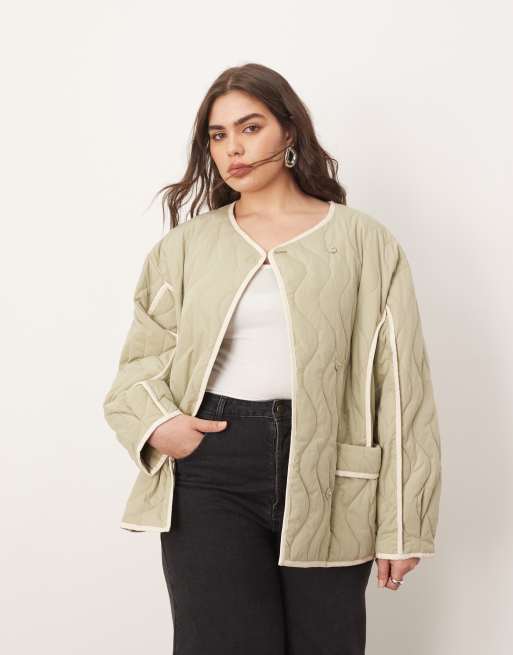 ARRANGE Curve quilted oversized jacket with contrast trim in sage
