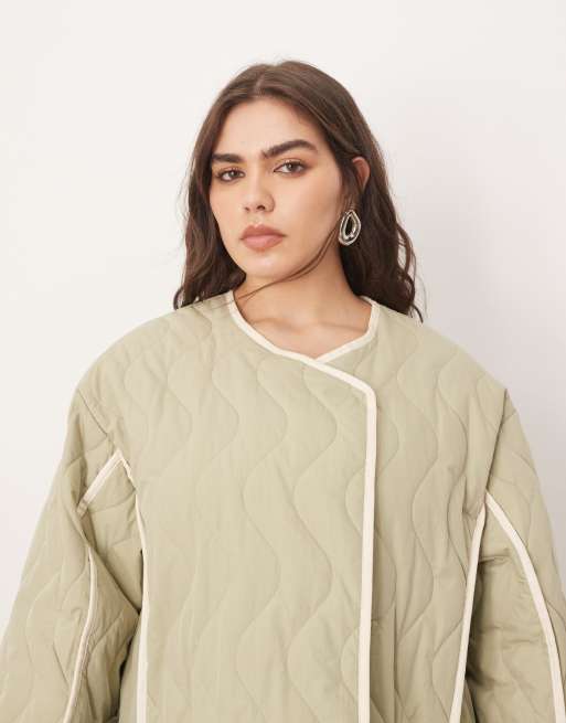 ARRANGE Curve quilted oversized jacket with contrast trim in sage