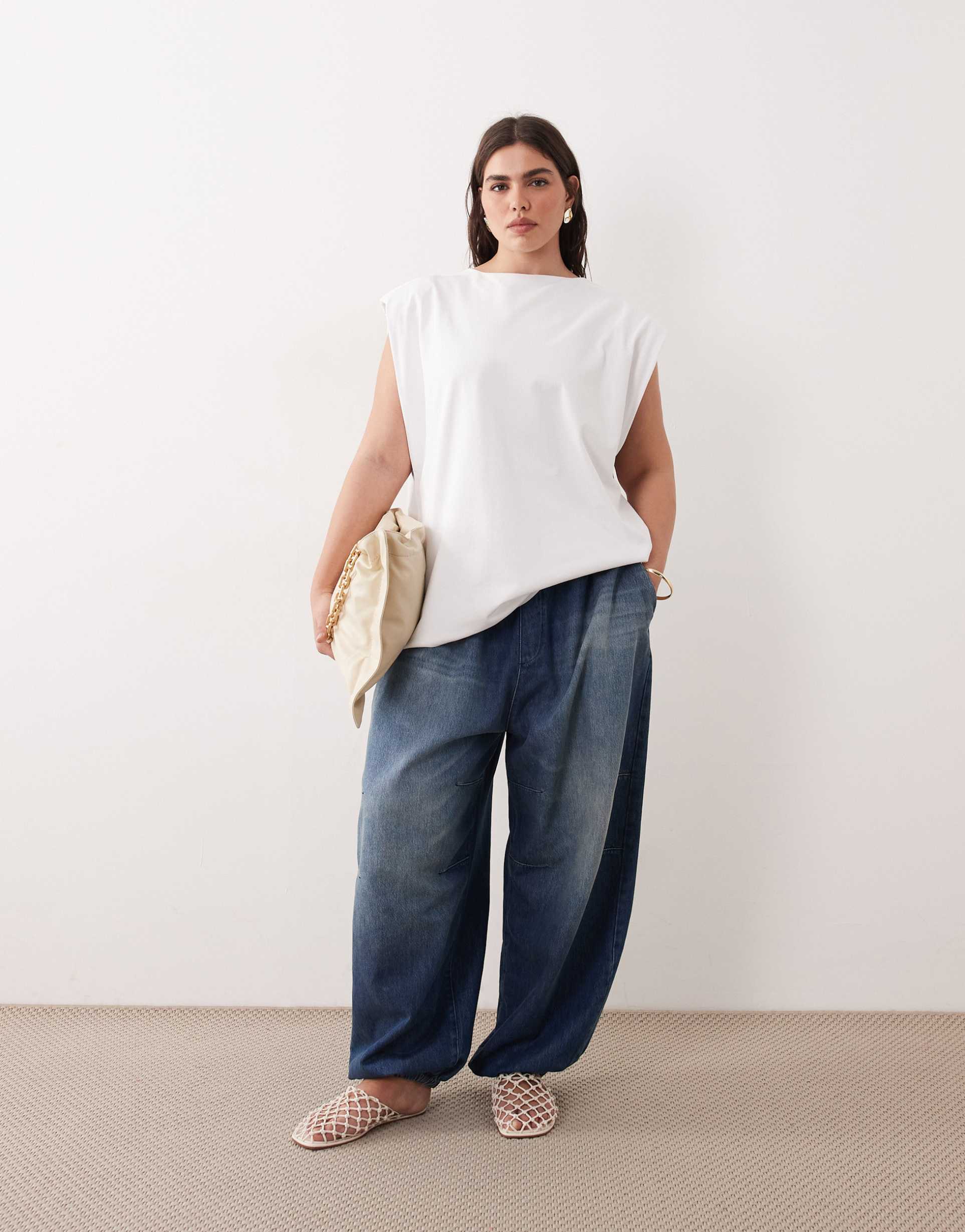 arrange curve quinn drawstring waist barrel leg jeans in washed blue