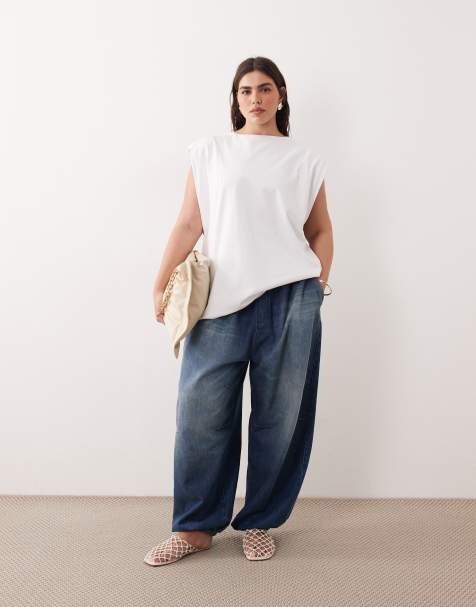 ARRANGE Curve Quinn drawcord waist barrel jeans in washed blue