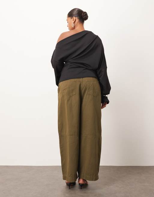 ARRANGE Curve Remi casual twill high waisted barrel leg pants in olive green, 3 of 5