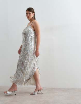 ち*び様 Andequal fringe design glitter knit ARRANGE Curve rhinestone fringe sequin column cami maxi dress in