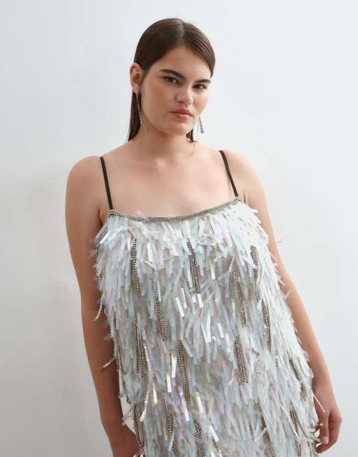 ARRANGE Curve rhinestone fringe sequin column cami maxi dress in silver, 4 of 5