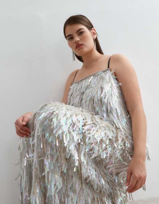 ARRANGE Curve rhinestone fringe sequin column cami maxi dress in silver, 5 of 5