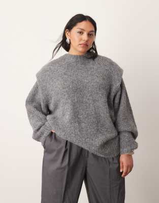 Arrange Curve Rib Knit Shoulder Pad Sweater In Gray
