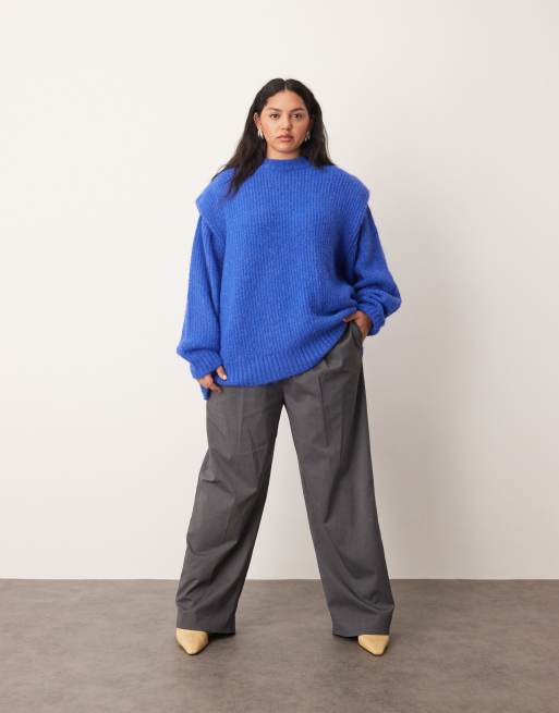 ARRANGE Curve ribbed knit shoulder pad sweater in cobalt blue, 2 of 4