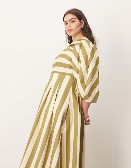 ARRANGE Curve - Robe ample mi-longue avec détail plissé - Rayures olive, 2 de 4