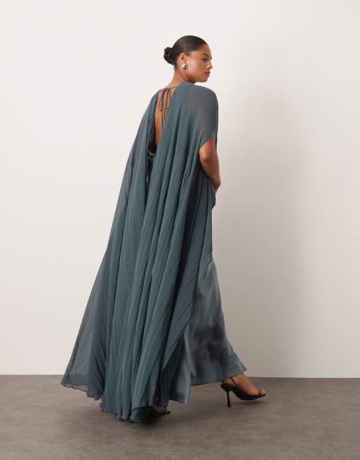 ARRANGE Curve - Robe cape longue hybride à plis - Bleu pétrole, 3 de 4