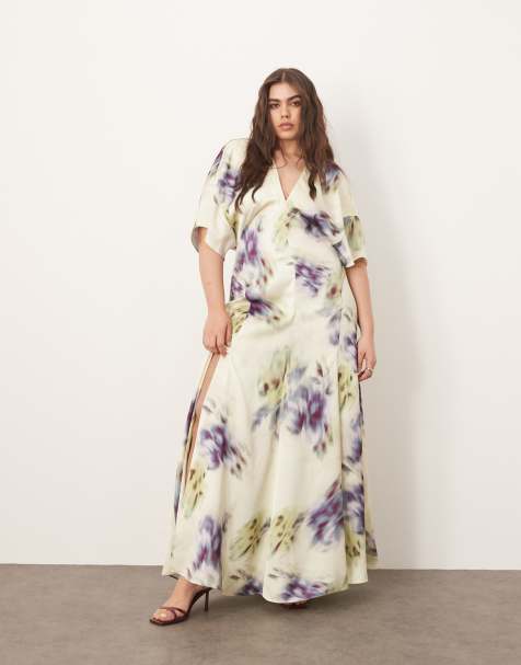 ARRANGE Curve - Robe longue à épaulettes en satin style années 30 moderne - Imprimé fleurs floues - view 1