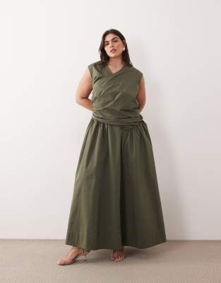 Curve- Robe longue à taille basse effet croisé - Kaki foncé-Vert 50