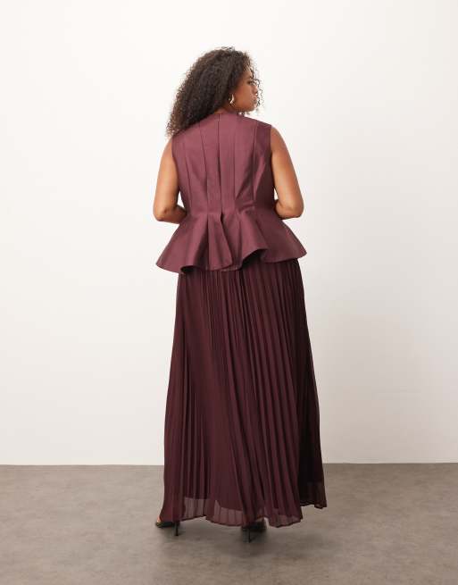 ARRANGE Curve - Robe longue à taille structurée avec jupe plissée contrastée - Prune, 3 de 4